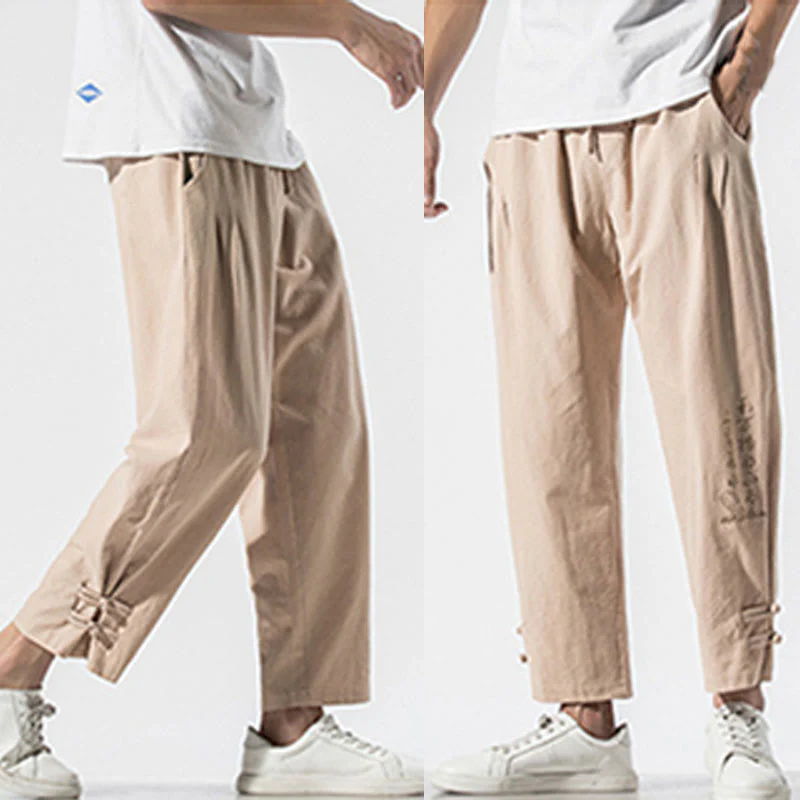 Pantaloni da uomo in cotone e lino con tasche, ricamo estivo con caratteri cinesi Buddha Stones - Image 18