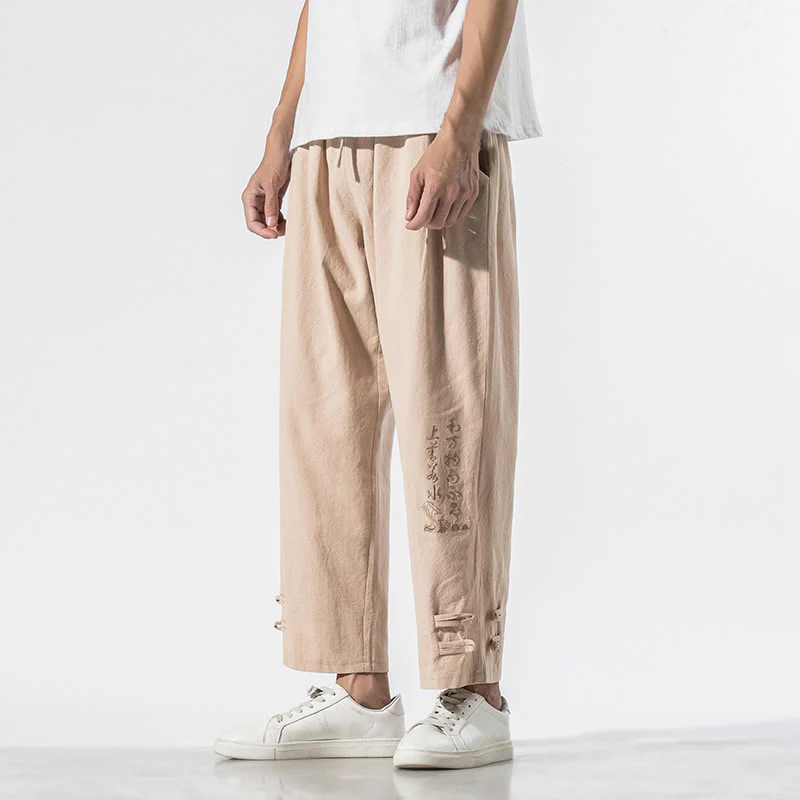 Pantaloni da uomo in cotone e lino con tasche, ricamo estivo con caratteri cinesi Buddha Stones - Image 19