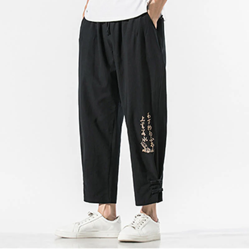 Pantaloni da uomo in cotone e lino con tasche, ricamo estivo con caratteri cinesi Buddha Stones - Image 2
