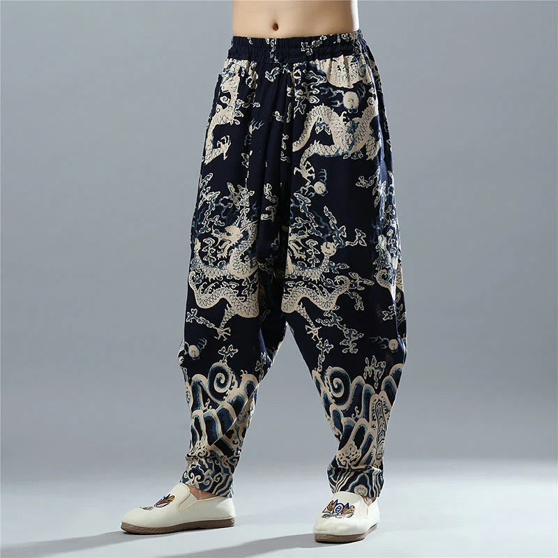 Pantaloni da uomo in cotone e lino etnico con tasche, stampati con elastico in vita e drago cinese , Buddha Stones