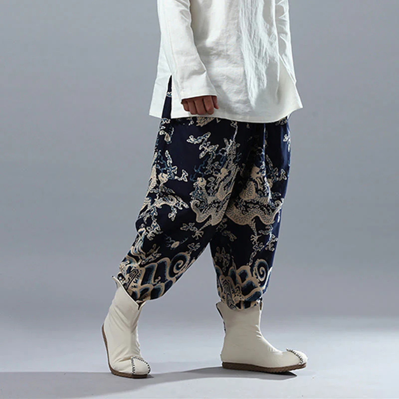 Pantaloni da uomo in cotone e lino etnico con tasche, stampati con elastico in vita e drago cinese , Buddha Stones - Image 5