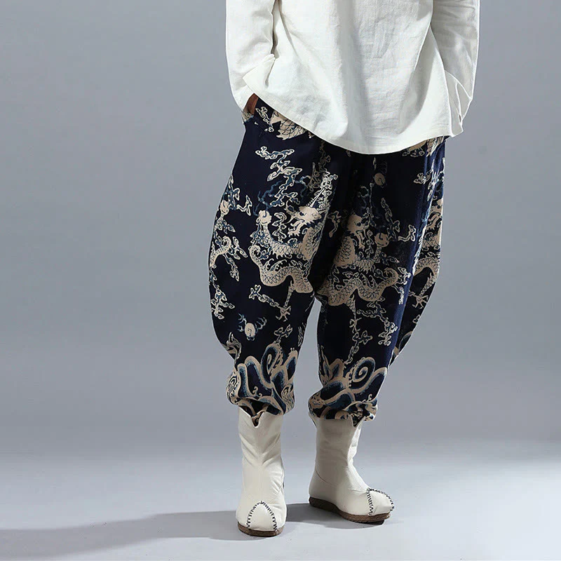 Pantaloni da uomo in cotone e lino etnico con tasche, stampati con elastico in vita e drago cinese , Buddha Stones - Image 6