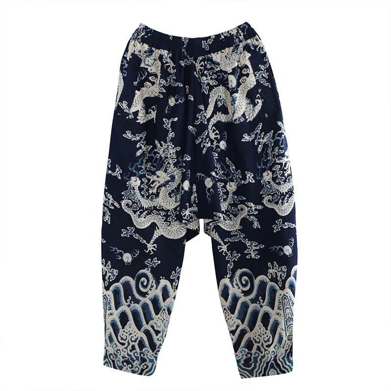 Pantaloni da uomo in cotone e lino etnico con tasche, stampati con elastico in vita e drago cinese , Buddha Stones - Image 7