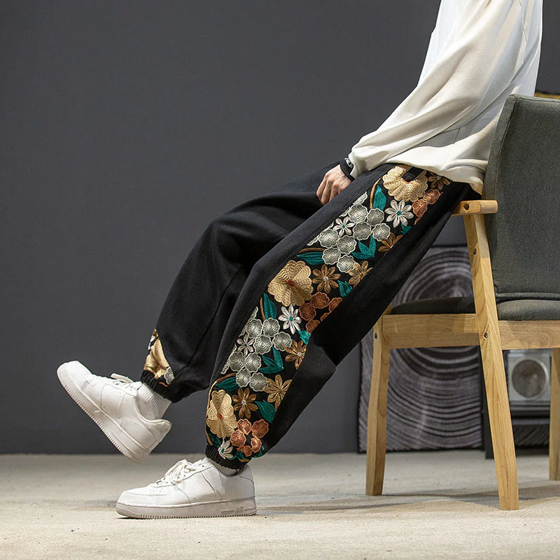 Pantaloni da uomo in cotone patchwork con motivo floreale ricamato Buddha Stones Spring e tasche