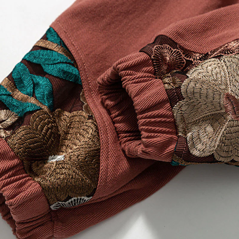 Pantaloni da uomo in cotone patchwork con motivo floreale ricamato Buddha Stones Spring e tasche - Image 12