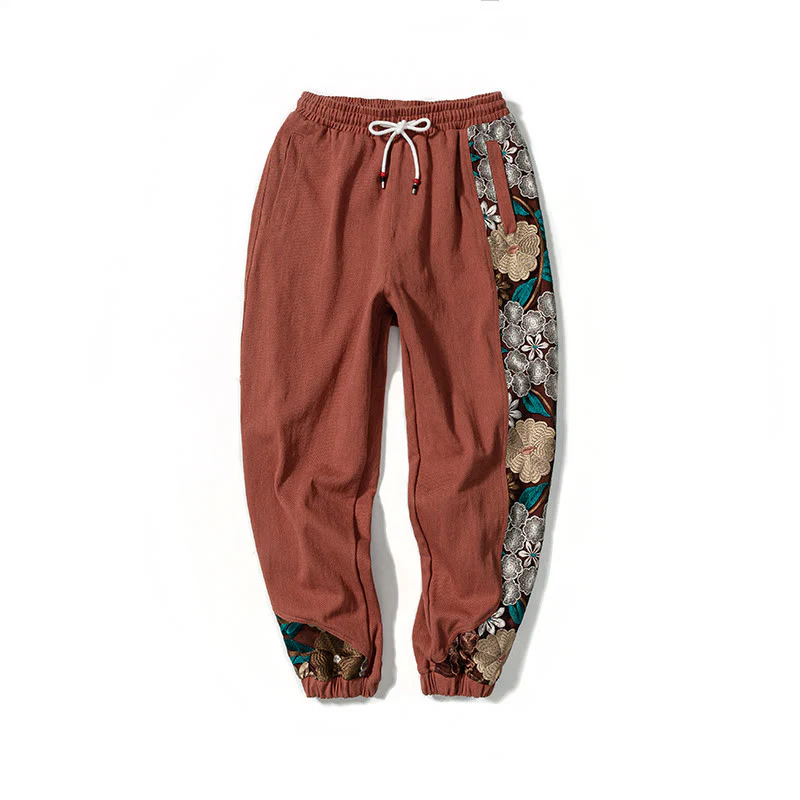 Pantaloni da uomo in cotone patchwork con motivo floreale ricamato Buddha Stones Spring e tasche - Image 14