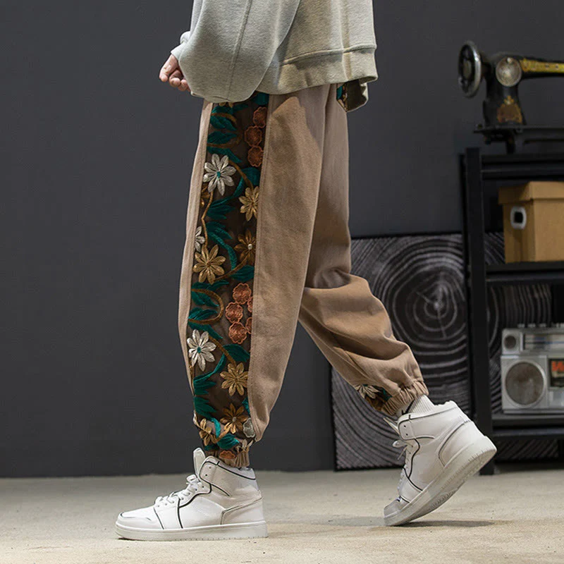 Pantaloni da uomo in cotone patchwork con motivo floreale ricamato Buddha Stones Spring e tasche - Image 16