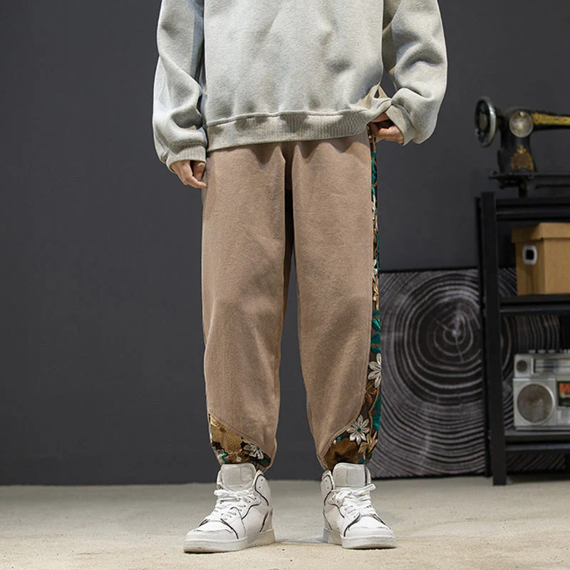 Pantaloni da uomo in cotone patchwork con motivo floreale ricamato Buddha Stones Spring e tasche - Image 17