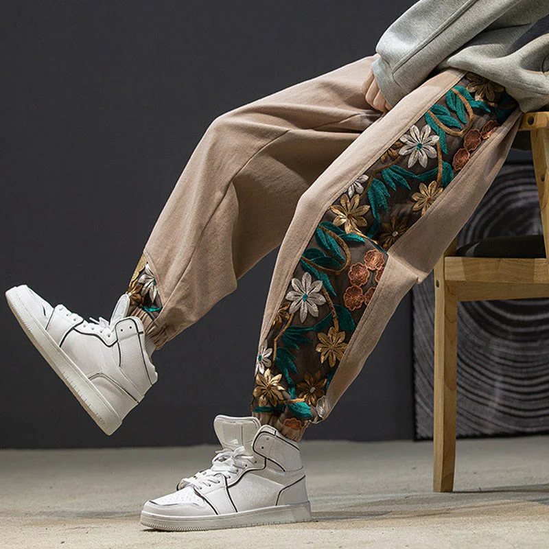 Pantaloni da uomo in cotone patchwork con motivo floreale ricamato Buddha Stones Spring e tasche - Image 18