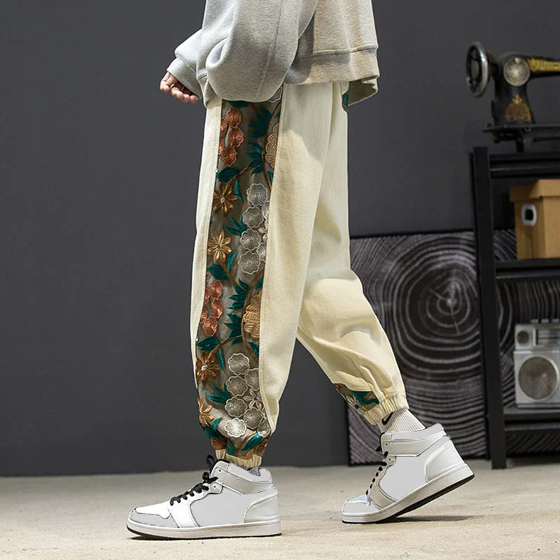 Pantaloni da uomo in cotone patchwork con motivo floreale ricamato Buddha Stones Spring e tasche - Image 21