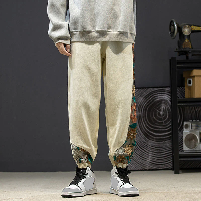 Pantaloni da uomo in cotone patchwork con motivo floreale ricamato Buddha Stones Spring e tasche - Image 22