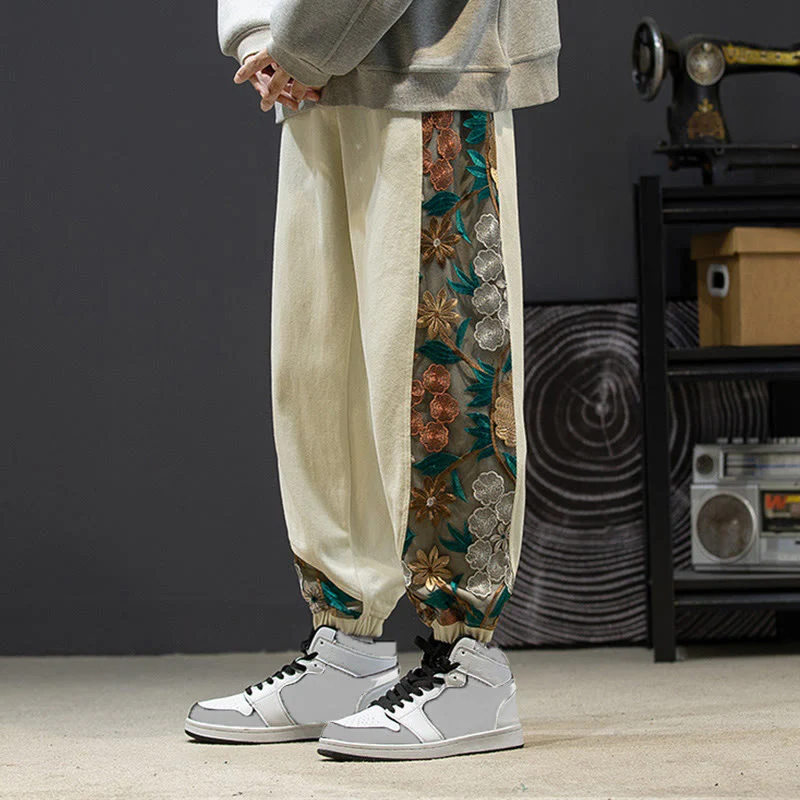 Pantaloni da uomo in cotone patchwork con motivo floreale ricamato Buddha Stones Spring e tasche - Image 23