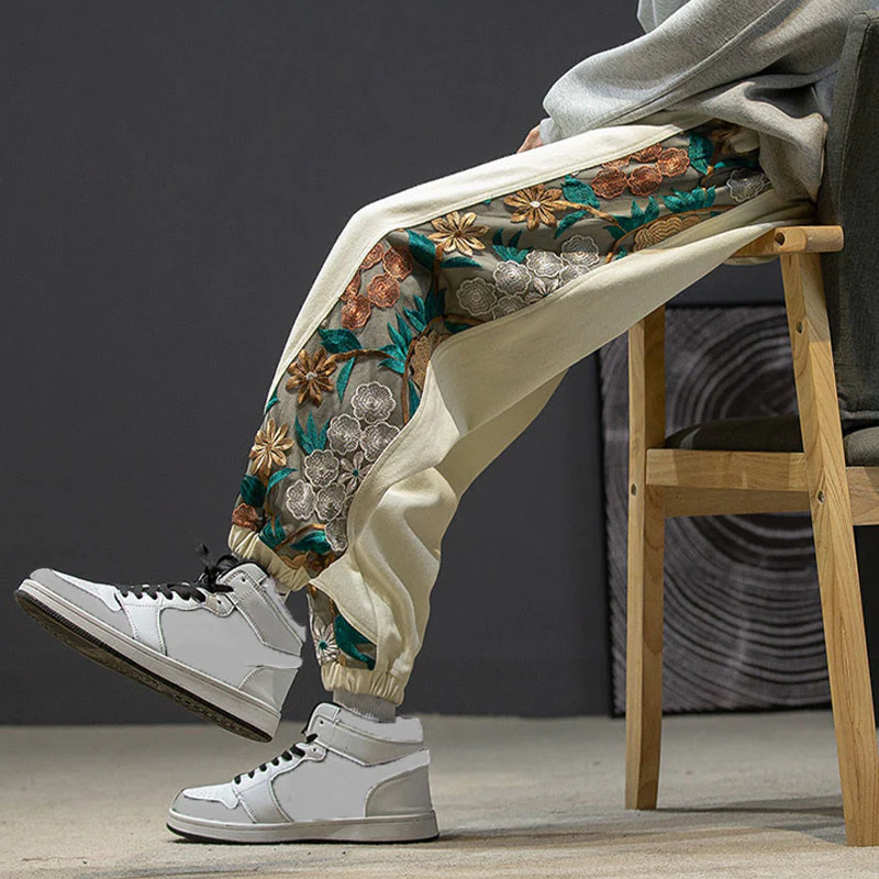 Pantaloni da uomo in cotone patchwork con motivo floreale ricamato Buddha Stones Spring e tasche - Image 24