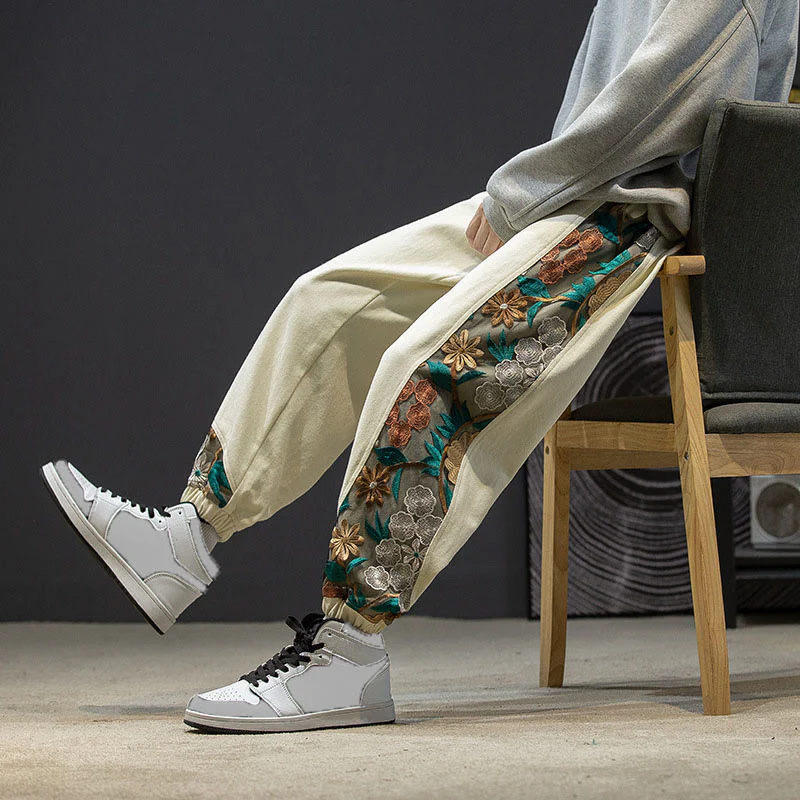 Pantaloni da uomo in cotone patchwork con motivo floreale ricamato Buddha Stones Spring e tasche - Image 25