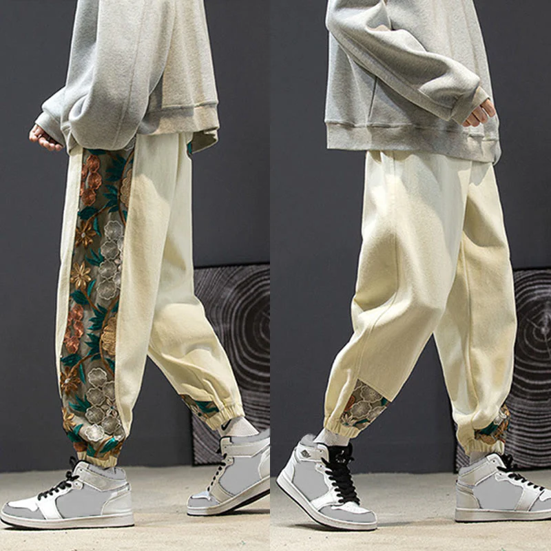 Pantaloni da uomo in cotone patchwork con motivo floreale ricamato Buddha Stones Spring e tasche - Image 26