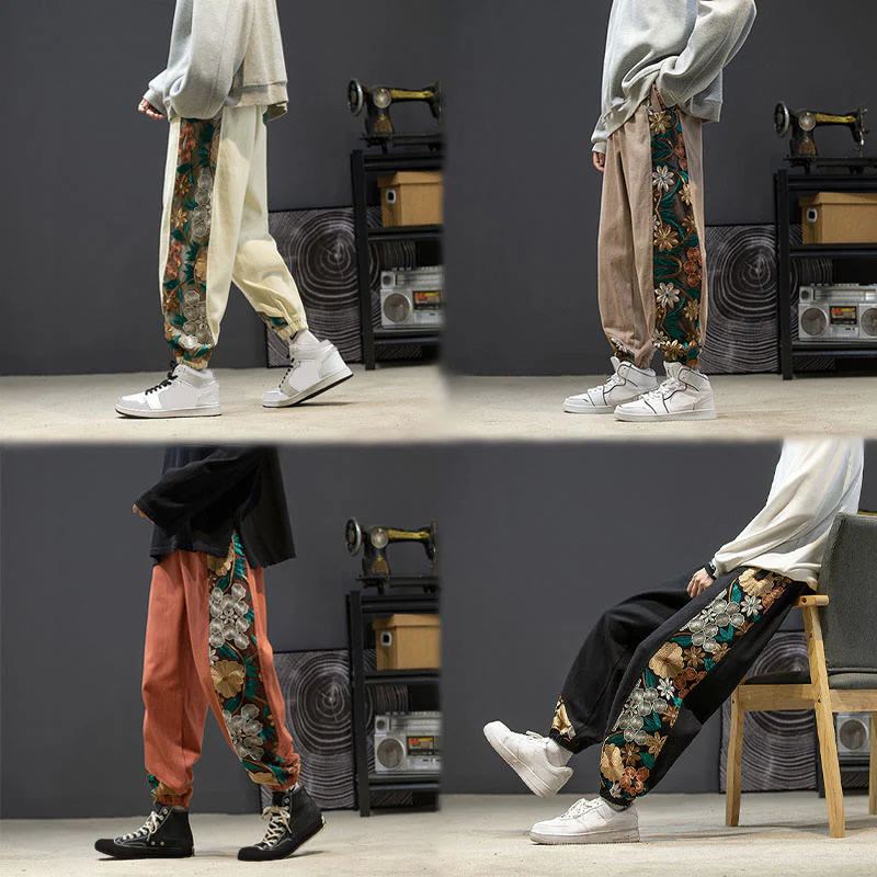 Pantaloni da uomo in cotone patchwork con motivo floreale ricamato Buddha Stones Spring e tasche - Image 27
