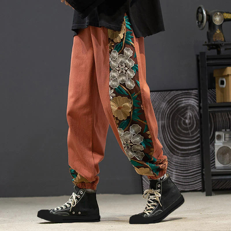 Pantaloni da uomo in cotone patchwork con motivo floreale ricamato Buddha Stones Spring e tasche - Image 6