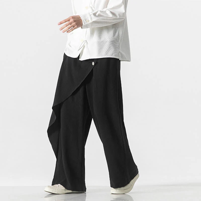 Pantaloni da uomo in cotone tinta unita con tasche e design asimmetrico con Buddha Stones - Image 11