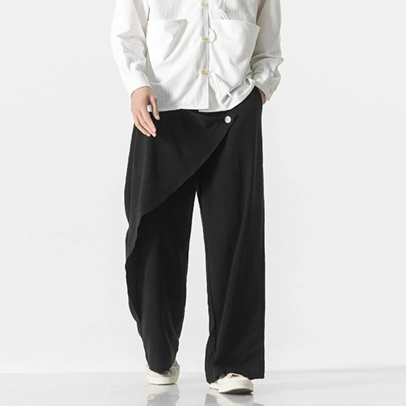Pantaloni da uomo in cotone tinta unita con tasche e design asimmetrico con Buddha Stones - Image 17