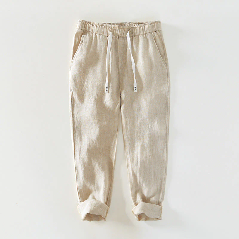 Pantaloni da uomo in lino alla caviglia con coulisse e elastico in vita, modello Buddha Stones Fall Solid, con tasche