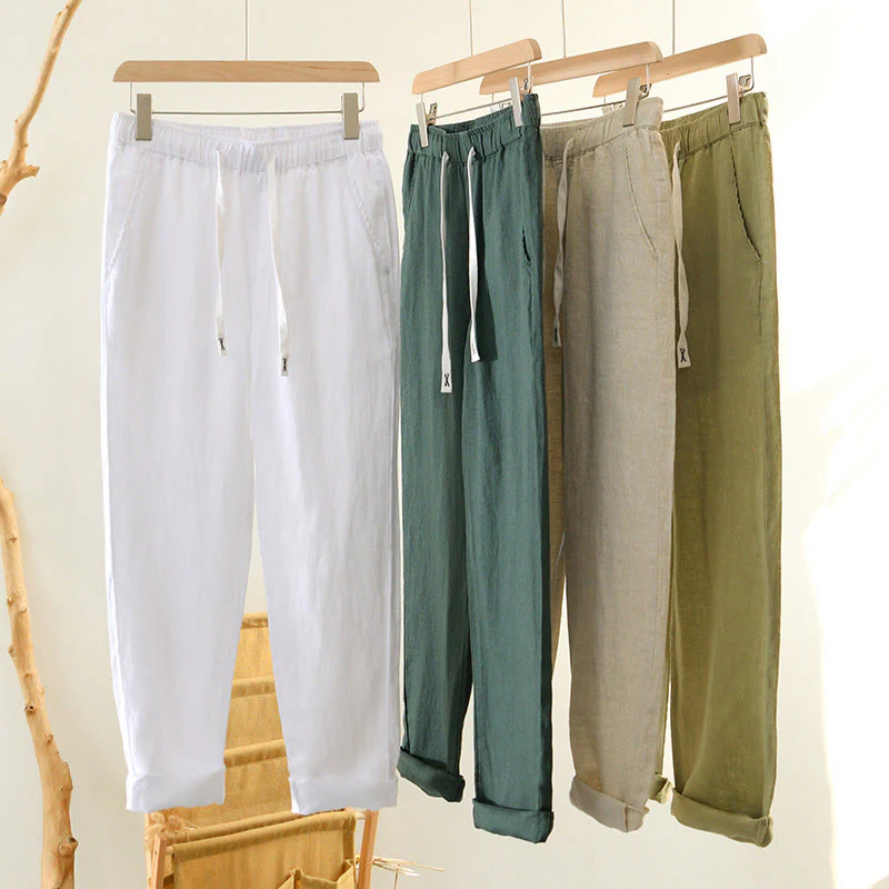 Pantaloni da uomo in lino alla caviglia con coulisse e elastico in vita, modello Buddha Stones Fall Solid, con tasche - Image 33