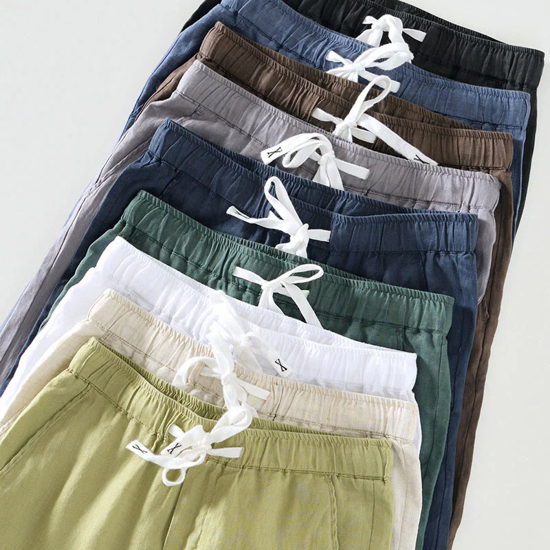 Pantaloni da uomo in lino alla caviglia con coulisse e elastico in vita, modello Buddha Stones Fall Solid, con tasche - Image 34