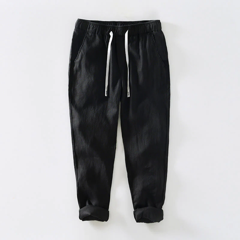 Pantaloni da uomo in lino alla caviglia con coulisse e elastico in vita, modello Buddha Stones Fall Solid, con tasche - Image 6