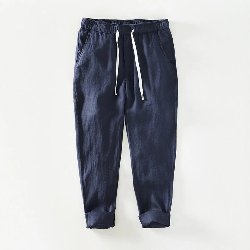 Pantaloni da uomo in lino alla caviglia con coulisse e elastico in vita, modello Buddha Stones Fall Solid, con tasche - Image 9