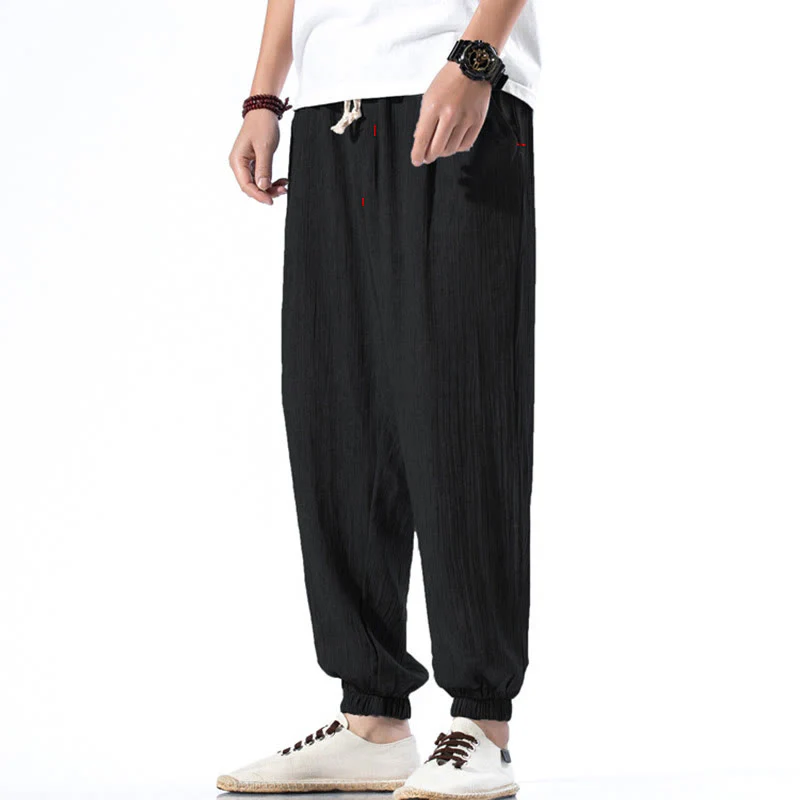 Pantaloni da uomo in lino con coulisse, casual, tinta unita, con tasche , Buddha Stones - Image 10