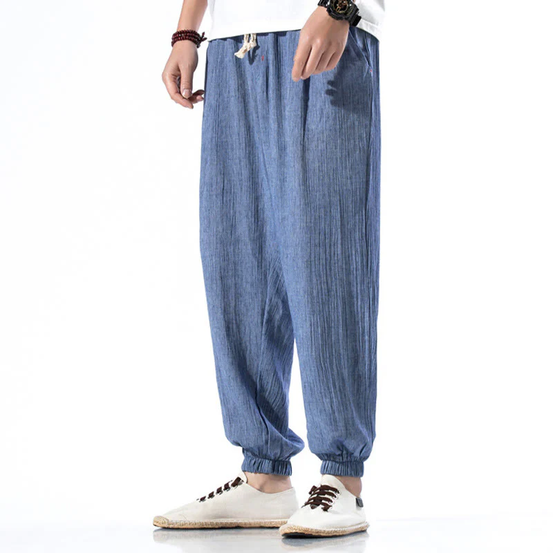 Pantaloni da uomo in lino con coulisse, casual, tinta unita, con tasche , Buddha Stones - Image 18