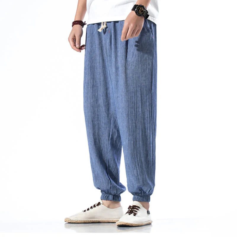 Pantaloni da uomo in lino con coulisse, casual, tinta unita, con tasche , Buddha Stones - Image 20