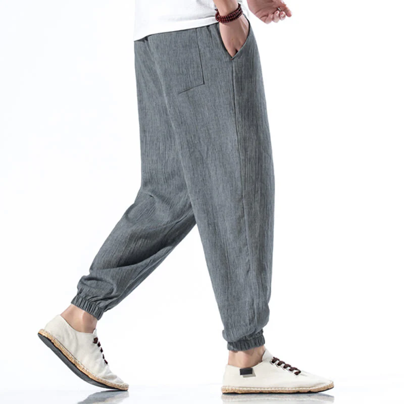 Pantaloni da uomo in lino con coulisse, casual, tinta unita, con tasche , Buddha Stones - Image 27