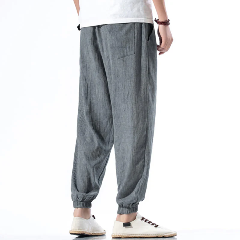 Pantaloni da uomo in lino con coulisse, casual, tinta unita, con tasche , Buddha Stones - Image 28