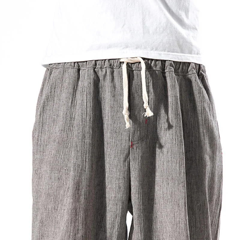 Pantaloni da uomo in lino con coulisse, casual, tinta unita, con tasche , Buddha Stones - Image 35