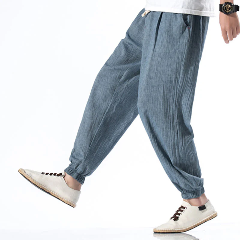Pantaloni da uomo in lino con coulisse, casual, tinta unita, con tasche , Buddha Stones - Image 9