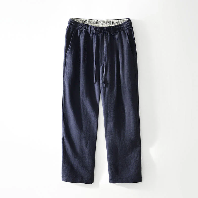 Pantaloni da uomo in lino con gamba dritta, tasche e coulisse elastica in vita, Buddha Stones Fall