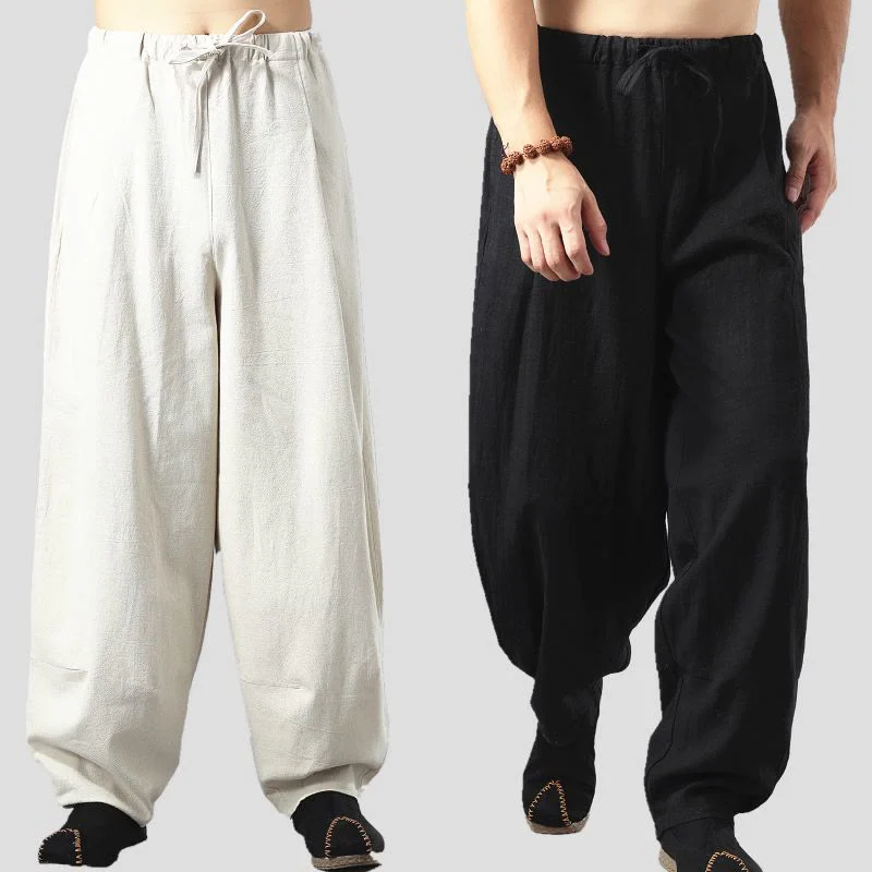 Pantaloni da uomo in lino di cotone con coulisse, casual, tinta unita, con tasche , Buddha Stones