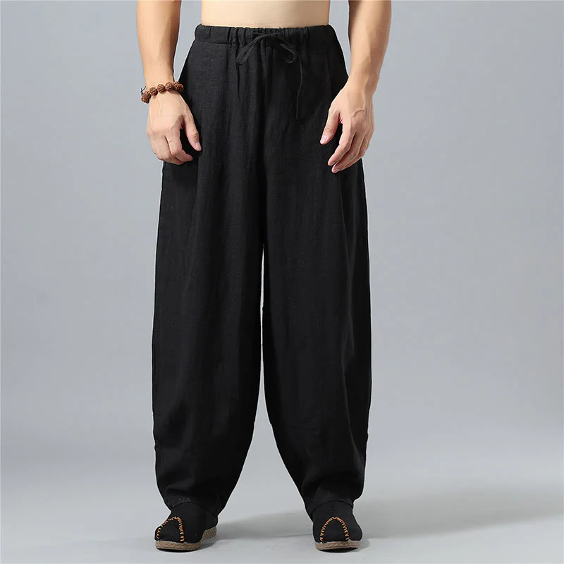 Pantaloni da uomo in lino di cotone con coulisse, casual, tinta unita, con tasche , Buddha Stones - Image 11