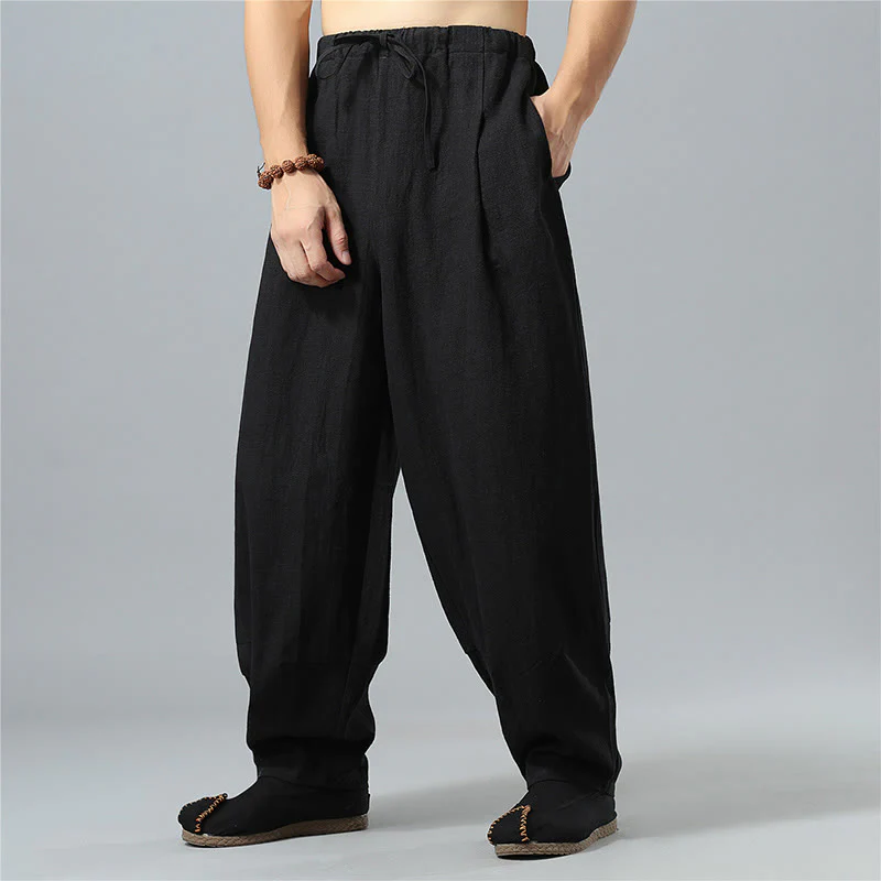 Pantaloni da uomo in lino di cotone con coulisse, casual, tinta unita, con tasche , Buddha Stones - Image 12