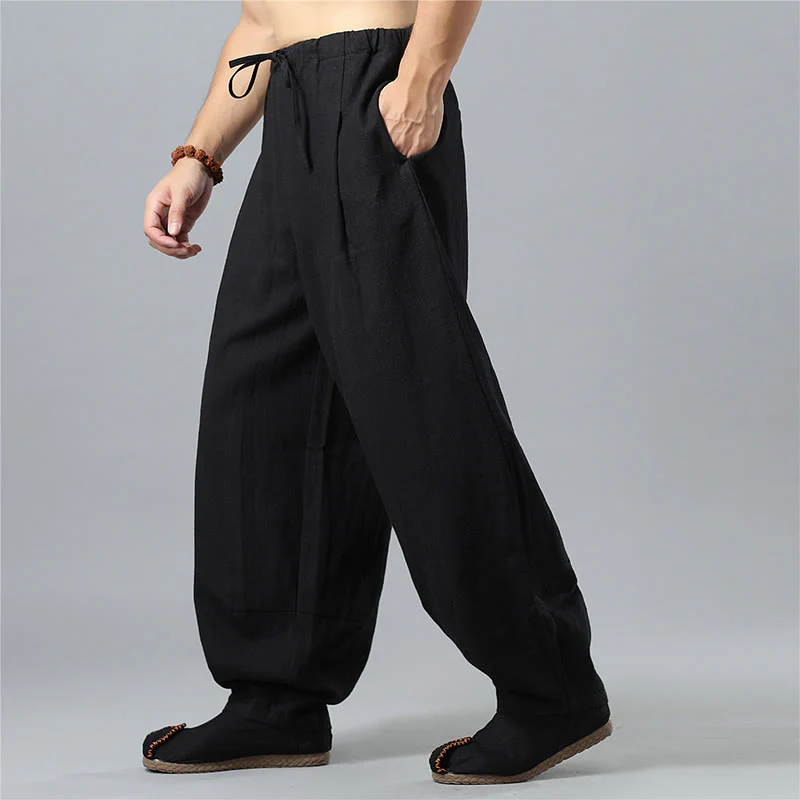 Pantaloni da uomo in lino di cotone con coulisse, casual, tinta unita, con tasche , Buddha Stones - Image 14