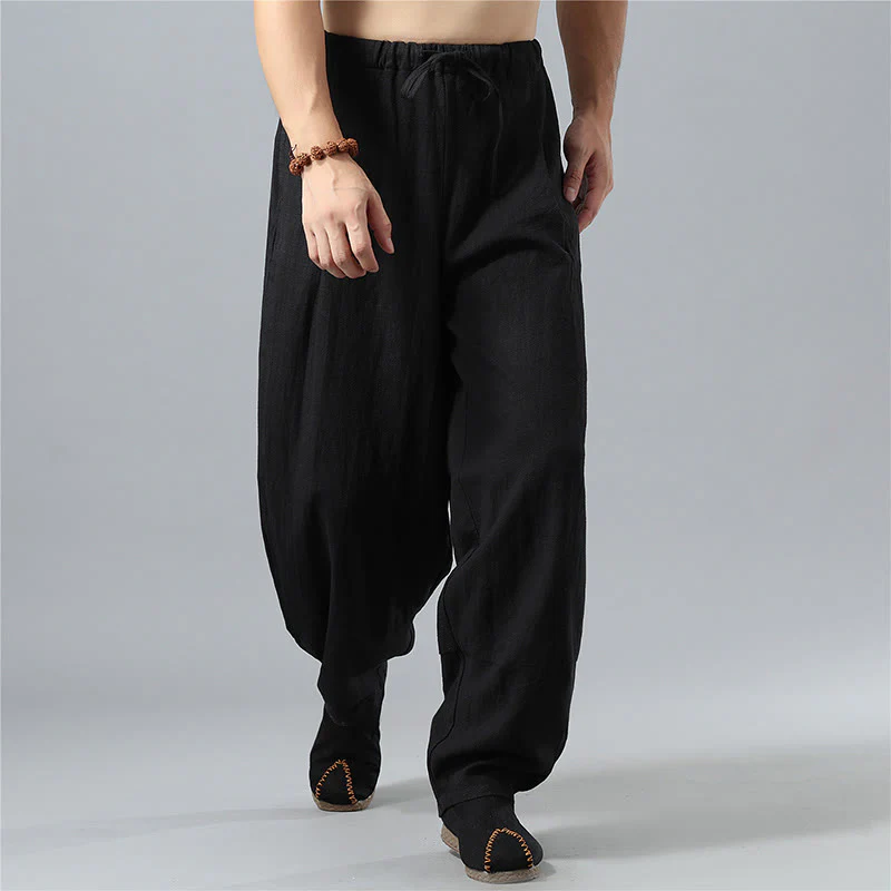 Pantaloni da uomo in lino di cotone con coulisse, casual, tinta unita, con tasche , Buddha Stones - Image 16