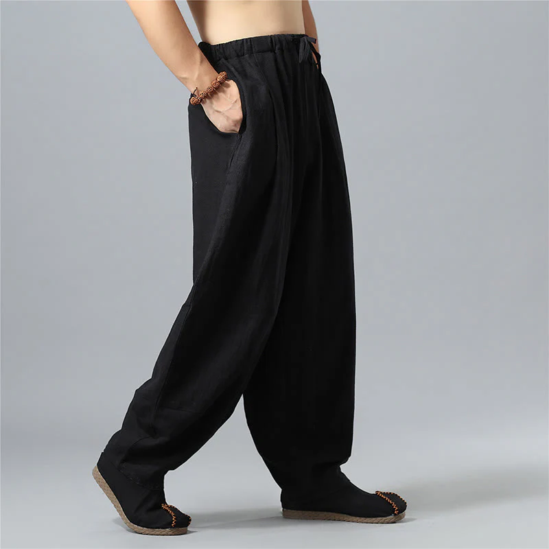 Pantaloni da uomo in lino di cotone con coulisse, casual, tinta unita, con tasche , Buddha Stones - Image 17