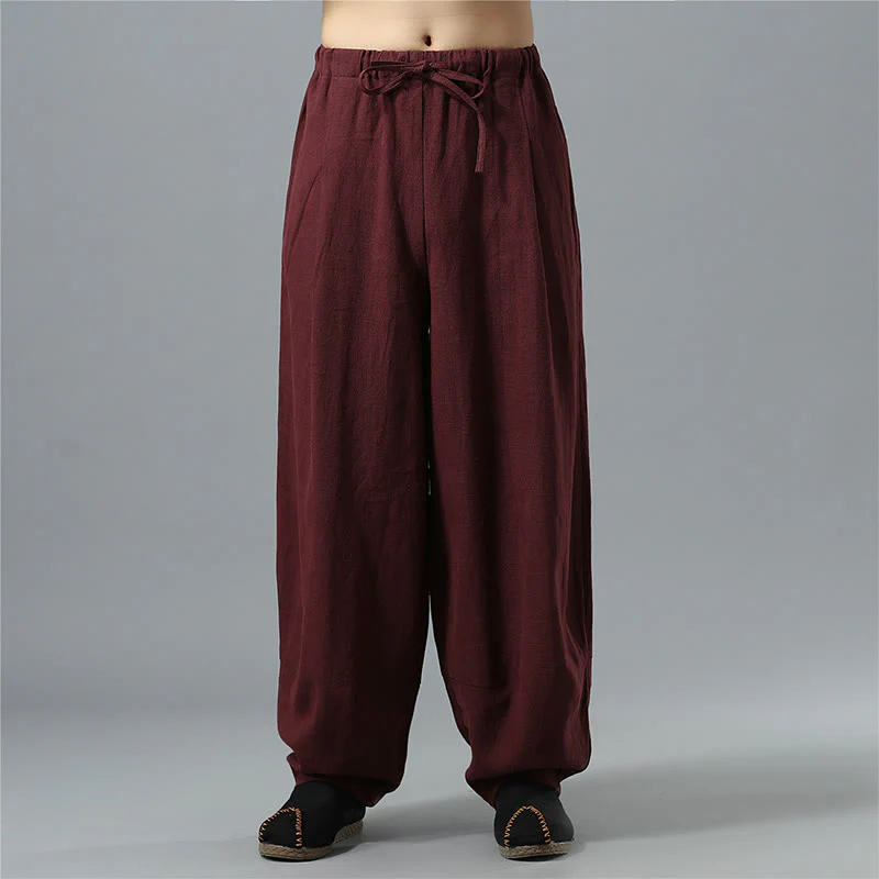 Pantaloni da uomo in lino di cotone con coulisse, casual, tinta unita, con tasche , Buddha Stones - Image 18