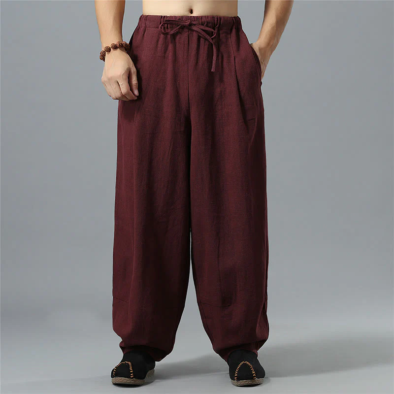 Pantaloni da uomo in lino di cotone con coulisse, casual, tinta unita, con tasche , Buddha Stones - Image 19