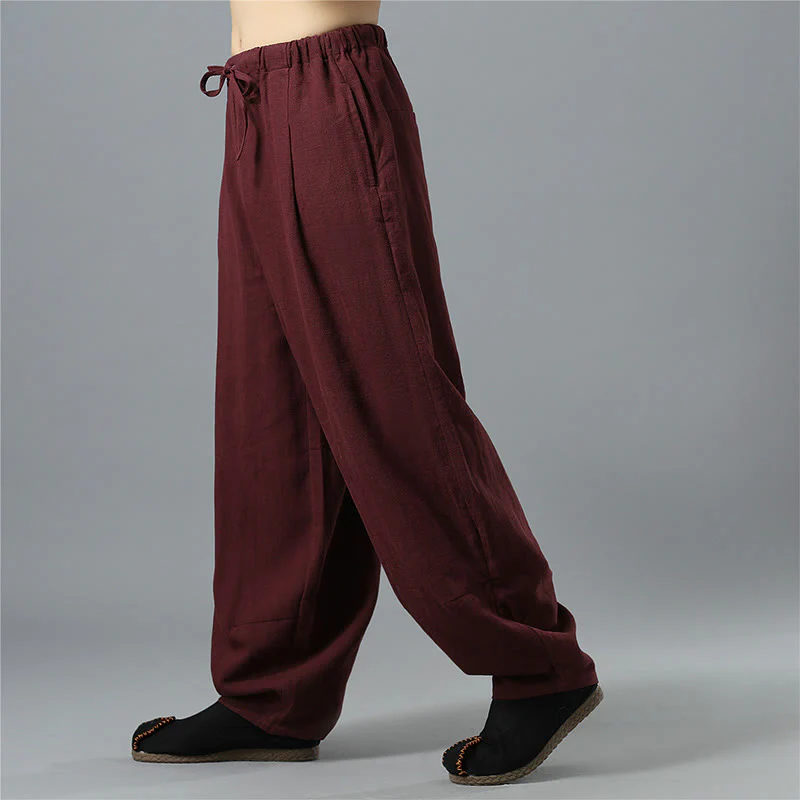 Pantaloni da uomo in lino di cotone con coulisse, casual, tinta unita, con tasche , Buddha Stones - Image 20