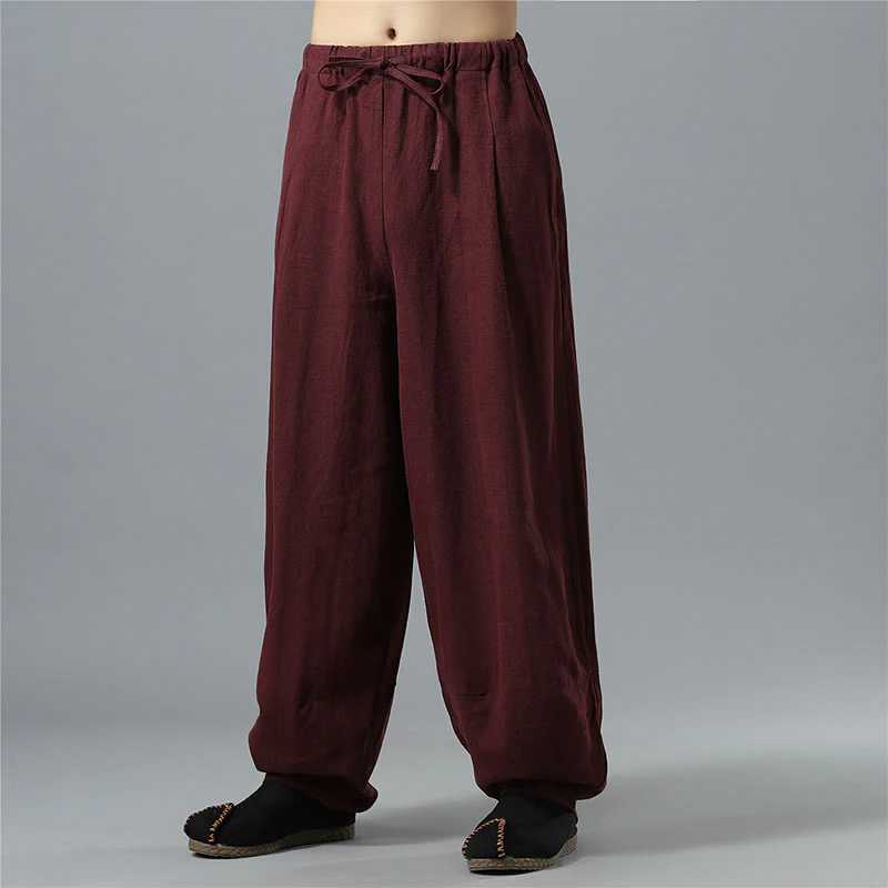 Pantaloni da uomo in lino di cotone con coulisse, casual, tinta unita, con tasche , Buddha Stones - Image 21