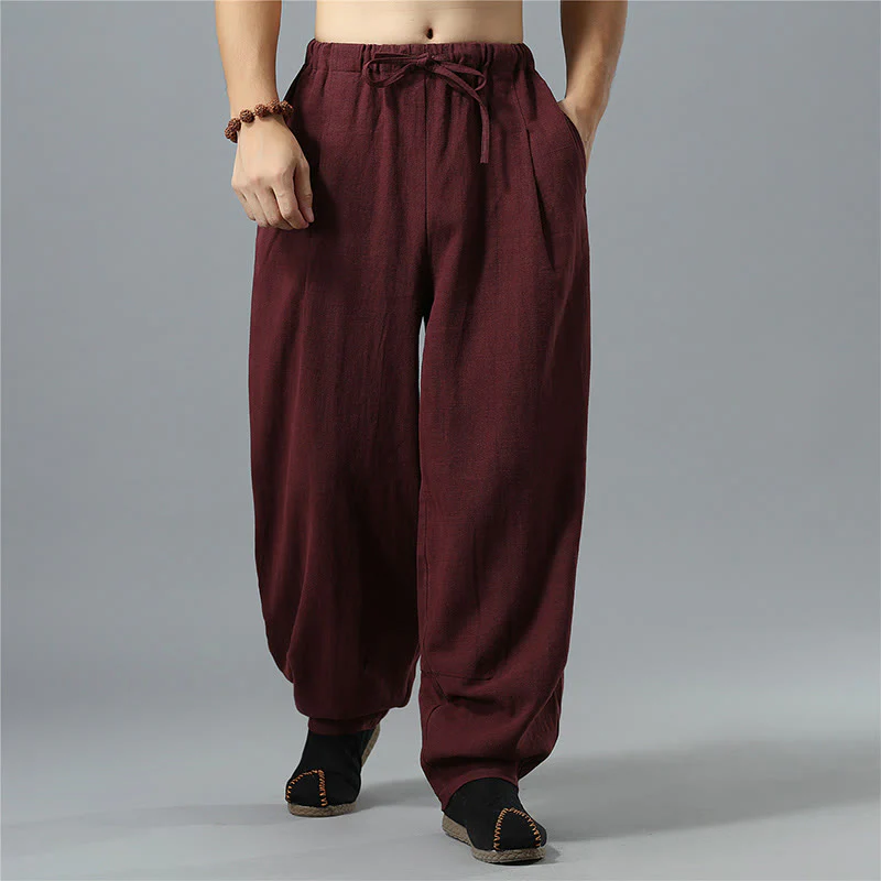 Pantaloni da uomo in lino di cotone con coulisse, casual, tinta unita, con tasche , Buddha Stones - Image 23