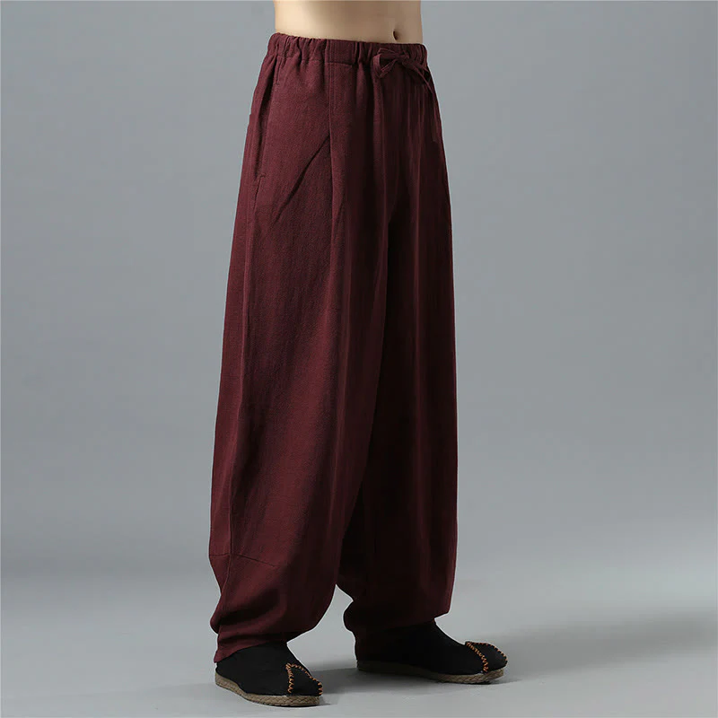 Pantaloni da uomo in lino di cotone con coulisse, casual, tinta unita, con tasche , Buddha Stones - Image 24