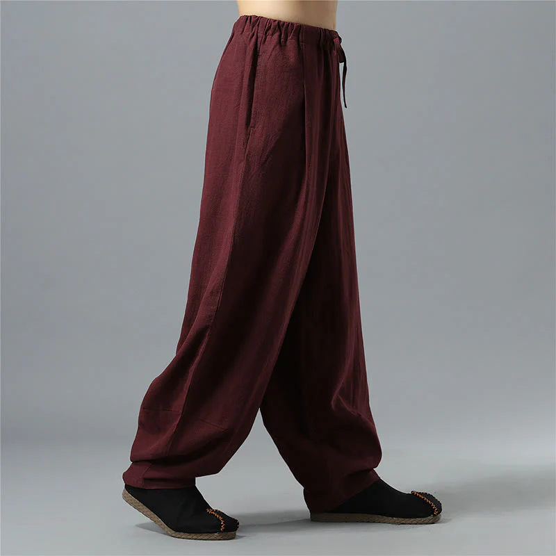 Pantaloni da uomo in lino di cotone con coulisse, casual, tinta unita, con tasche , Buddha Stones - Image 25