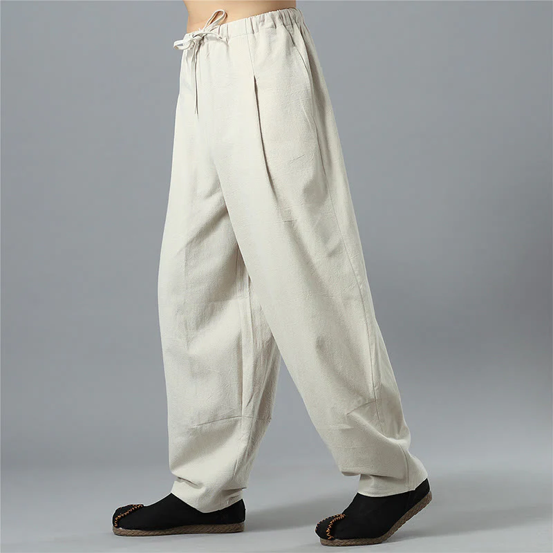 Pantaloni da uomo in lino di cotone con coulisse, casual, tinta unita, con tasche , Buddha Stones - Image 28